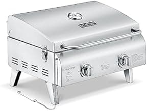 Portable Stainless Steel Gas Grill - 2 Burners Easy Clean Tabletop BBQ Propane Gas Grill with Foldable Legs and Wind Proof Lid for Camping and Outdoor - Silver image