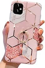 Qokey Compatible with iPhone 11 Case,Marble Case Cute Fashion Design for Men Women Girls with 360 Degree Rotating Ring Kickstand Soft TPU Shockproof Cover Designed for iPhone 11 6.1 Inch Bling image