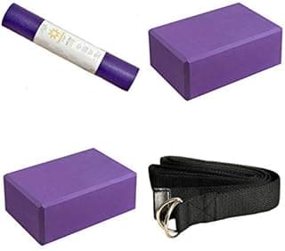Sunshine Yoga 4-Pack Yoga Starter Kit, 1 Voyage Yoga Mat (72" x 24" x 5mm), 1 8ft D-Ring Yoga Strap, and 2 Yoga Blocks (4" x 6" x 9"), Yoga Accessories for School, Studio, or Home image