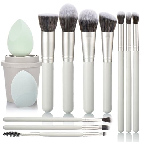 10Pcs Makeup Brush Set With Sponges And Drying/Storage Case，Best Gift For Women/Girls, Used For Powder, Foundation, Highlight, Eye Shadow, Concealer, Etc., Suitable For Beginners (Green 13pcs) image