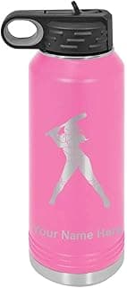 LaserGram Personalized Water Bottle, Softball Player Woman, Stainless Steel Double Wall Vacuum Insulated with Flip Top Straw, Custom Engraved Gift (32oz / 950ml Pink) image