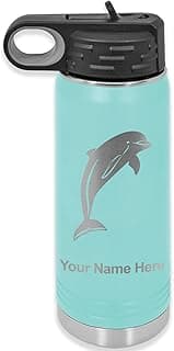 LaserGram Personalized Water Bottle, Dolphin, Stainless Steel Double Wall Vacuum Insulated with Flip Top Straw, Custom Engraved Gift (20oz / 590ml Teal)