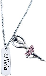 Ballerina Necklace, Personalized Ballet Jewelry Pink Cubic Zirconia Necklace with Name Engraved for Women Teen, Dancer Ballet Recital image
