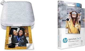 HP Sprocket Portable Color Photo Printer (2nd Edition) – Instantly print 2x3" sticky-backed photos from your phone – [Luna Pearl] [1AS85A] and Sprocket Photo Paper, 50 Sheets image