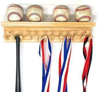 Baseball Bat Rack and Ball Holder Display Natural Finish Meant to Hold up to 11 Mini Collectible Bats and 4 Baseballs image