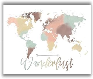 Wanderlust - Pastel Watercolor World Map - Great Room and Office Decor, Travel Themed Party Decorations, Modern Gift for Travelers and Adventurers, Choose Unframed Poster or Canvas Art Prints