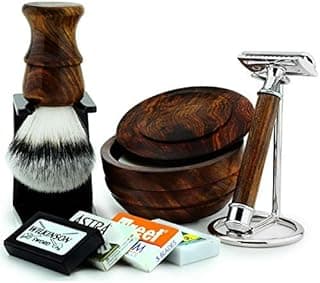 5 Pcs Wooden Made Men's Shaving Kit Classic Wet Shave Safety Razor, Synthetic Brush Free Blades | Light Handle | Easy blade | Luxury Shaving Set for Men image