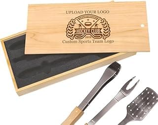 Personalized Hockey Pucks with Custom Team Logo BBQ Grill Set in Wooden Box - Special Gifts for Hockey Players image