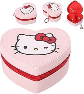 SALLY ROSE Sanrio Hello Kitty Travel Jewelry Case Official License, Heart-Shaped Jewelry Storage Box with Zipper, Mini Jewelry Box image