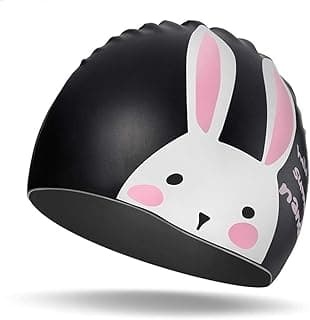 Kids Swim Caps Children's Silicone Swimming Cap Cartoon Rabbit Waterproof Comfortable Swimming Cap for Children 6-12Year High Elasticity and Durability (Black) image