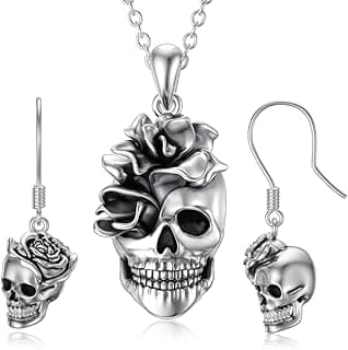 Serling Silver Skull Rose Necklace and Skull Rose Earrings Set image