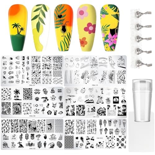 Nail Stamper Kit, 6 Pcs Fall Nail Stamping Plates Set Food Flowers Fruits Tropical Theme Nail Art Stamp 5 Magnetic Nail Stand 1 Nail Stamper and Scraper Reusable Nail Stencils Print Tool Set image