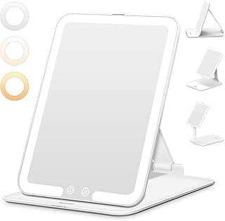 Foldable Travel Makeup Mirror with 3 Dimmable Color Lights, USB Rechargeable Lighted Vanity Mirror with Touch Screen, Compact & Portable Ultrathin Desk Beauty Mirror for Travel Daily Business image