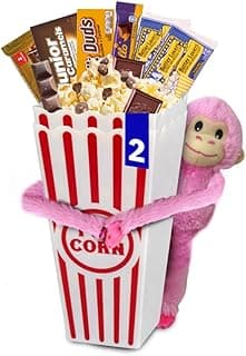 Movie Night Popcorn & Candy Gift Basket - Plush Monkey Around Basket - Perfect Valentine’s Day Treat for a Cozy, Fun Evening at Home or the Theater with Loved Ones (Caramel & Chill) image