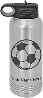 LaserGram Personalized Water Bottle, Soccer Ball, Stainless Steel Double Wall Vacuum Insulated with Flip Top Straw, Custom Engraved Gift (40oz / 1180ml Stainless) image