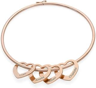 Personalized Chelsea Bangle Bracelet with Heart Shaped Pendants - Diamond Option - Up to 12 Engravable Charms - by MYKA