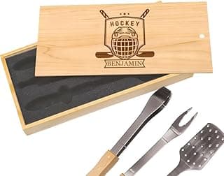 Personalized Hockey Pucks BBQ Grill Set with Custom Name Engraving in Wooden Box - For Ice Hockey Warriors image
