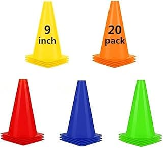 Soccer Cones (9 Inch 20 Pack), Agility Training Sport Cone with Carry Bag for Kids Drills Football Basketball Field Markers, (5 Colors) image