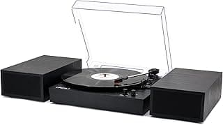Vinyl Record Player with Stereo Bookshelf Speakers, 3-Speed Belt-Drive Turntable, Vintage Wood Finish LP Player with Wireless Playback, Auto-Stop Switch, RCA for Music Lover & Home Decoration | Black image