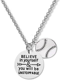Softball Necklace - Beautiful silver plated inspirational Believe In Yourself and You Will Be Unstoppable charm with softball on 18 inch chain stainless steel with 2 inch extension. image