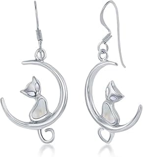 Beaux Bijoux Cat Designed Natural Abalone/Created Turquoise/Mother of Pearl/Onyx Cat on Crescent Moon Dangling Earrings Sterling Silver Jewelry for Women image