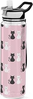 Black White Cat Water Bottle with Straw colorful Sports Bottles BPA-Free Tritan Water Jug with Carrying Strap for Women Men Gym image