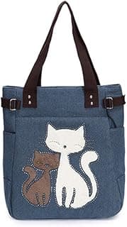 Valentoria Canvas Tote Handbag for Women Cute Cat Embroidery Shoulder Purse Large Zipper Travel Work Shopping Grocery Bags image