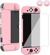 Dockable Protection Case for Nintendo Switch OLED, Portable Full Protective Skin Cover for Joy-Con Controller with Screen Protector and 4 pcs Cute Thumb grips - pink