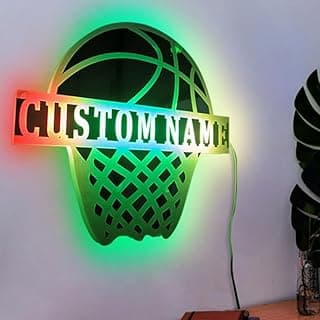 Personalized Basketball Mirror Neon Sign, Custom Basketball Name LED Light Up Mirror, Basketball Wall Art Bedroom Neon Night Light Home Decor for Kids Teen Boys Birthday (Basketball 2) image