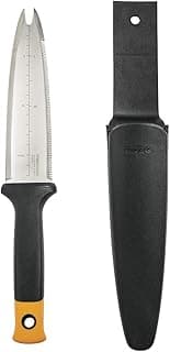 Fiskars Hori Hori Garden Knife with Sheath, Multi-Purpose Heavy Duty Gardening Hand Tool for Weeding, Planting, Digging with Hanging Hole