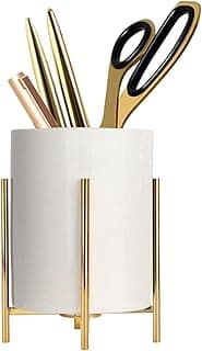 Gold pencil cup Sturdy metal frame with white ceramic pen holder For desks and kitchen appliance holders(1set 4.6-3.14in), Goldsquare frame set image