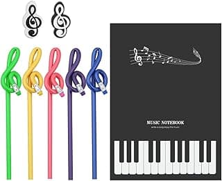 Apol Music Notes Theme Stationery Set 8 Pieces Include 1 Pcs Stave Music Notebook 2 Pcs High-notes Eraser and 5 Pcs Notes Pencils for For Students Kids School Study Gift image