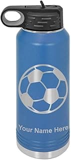 LaserGram Personalized Water Bottle, Soccer Ball, Stainless Steel Double Wall Vacuum Insulated with Flip Top Straw, Custom Engraved Gift (32oz / 950ml Dark Blue)