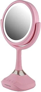 Ovente Lighted Vanity Mirror, Table Top, 360 Degree Spinning 6'' Double Sided Circle LED 1X 5X Magnifier with MP3 Audio, Built-in Wireless Speaker, Rechargeable, USB Operated, Baby Pink MRT06P1X5X