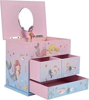 Wooden Mermaid Jewelry Box for Girls - 3 - Drawer Design, Plays "Over the Waves" - Ideal Mermaid - themed Toy & Music Box, for Little Mermaids & Mermaid Barbie Fans - 6.54 × 4.53 × 5.71 inches