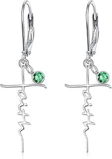 PRAYMOS Faith Cross Earrings for Women 925 Sterling Silver Dangle Earrings Hypoallergenic Birhstone Earrings Religious Christan Confirmation Gifts image