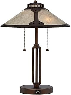 Franklin Iron Works Samuel Industrial Mission Desk Table Lamp with Hotel Style USB Charging Port 20" High Rubbed Bronze Natural Mica Shade for Living Room Bedroom House Bedside Nightstand Home image