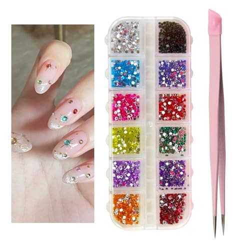EKIND Nail Art Kit, Nail Art Rhinestone, Double Ended Nail Art Tweezers, Versatile Crystal Gems for Nail Design, Makeup, DIY Crafts, Clothing and Phone Embellishments(12 Grids, Colored Diamonds) image