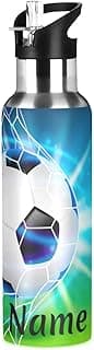 Custom Soccer Ball Football Water Bottle Personalized Name Kids Insulated Boys Girls Stainless Steel with Straw Lid for Sports Gym 20 oz image