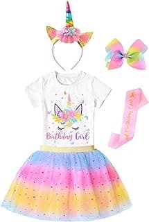 Doctor Unicorn Girls Birthday Outfit Set Pink Yellow Blue Skirt, Unicorn Shirt, Headband, Hair Bow & Birthday Sash image