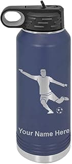 LaserGram Personalized Water Bottle, Soccer Player Man, Stainless Steel Double Wall Vacuum Insulated with Flip Top Straw, Custom Engraved Gift (40oz / 1180ml Navy Blue) image