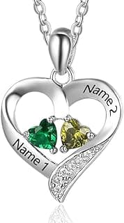 Sterling Silver Personalized 2 Names Necklace with 2 Heart Simulated Birthstone Couple Pendant Necklace for Women image