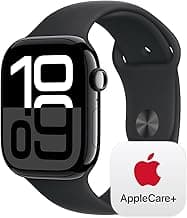Apple Watch Series 10 [GPS 46mm] with Jet Black Aluminium Case with Black Sport Band - M/L. Fitness Tracker, ECG App, Always-On Retina Display, Water Resistant with AppleCare+ (2-Years) image