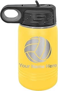 LaserGram 12oz Double Wall Flip Top Water Bottle With Straw, Volleyball Ball, Personalized Engraving Included (Yellow) image