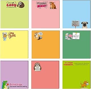 Funny Sticky Notes, 9 Designs with Animals and Humor, 50 Sheets Each, 450 Total Pages, Colorful Office Supplies