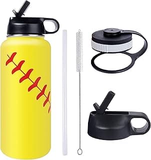 22oz Wide Mouth Softball Water Bottle with Two Lids(Straw, Handle Lid), 18/8 Stainless Steel Vacuum Insulated for Travel & Sport Cup. (Softball Yellow, 22oz) image