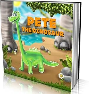Personalized Story Book by Dinkleboo - "The Dinosaur" - for Kids Aged 0 to 8 Years Old -A Story About Your Child Going on an Adventure to find a New Dinosaur Friend. Soft Cover. 8"x8" image
