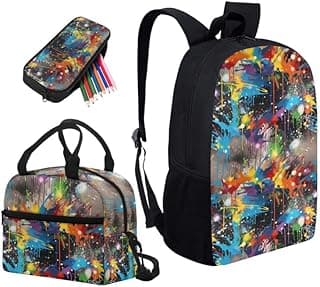 Colorful Art Splash Print Backpack Shoulder Lunch Bag and Pen Case Bag Set Rainbow Abstract Graffiti Pattern 3 Pcs Travel Laptop Backpack Fit for Gifts for Men & Women image