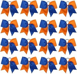 16PCS 8" Large Cheer Hair Bows Ponytail Holder Elastic Band Handmade for Cheerleading Teen Girls College Sports (16 Pcs) (Royal blue/Orange) image