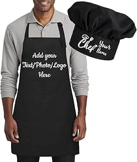 Personalised Apron and Chef Hat Set, Baking BBQ Cooking Kitchen Aprons with Pockets, Adjustable 1 Size Fits up to3XL, Custom Add A Name Apron for Men and Women, Cooking Gift(Black) image